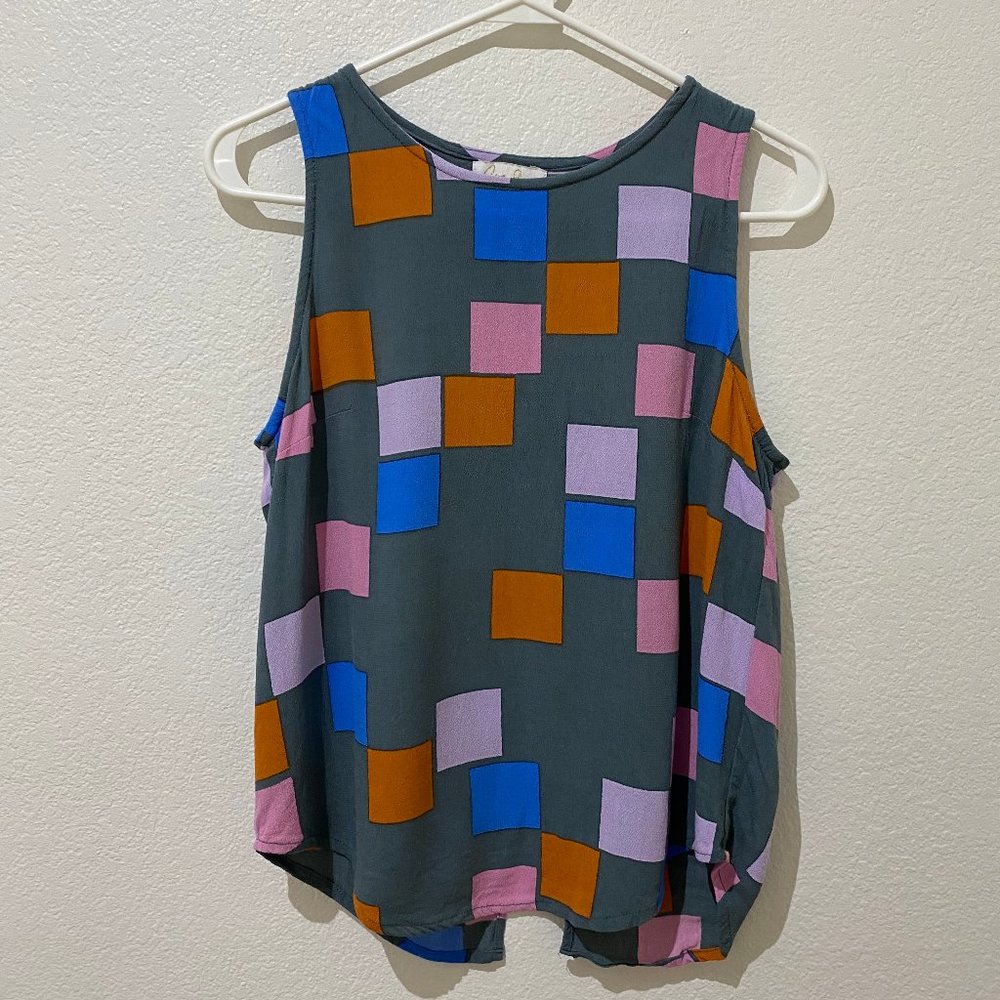 Ava Sky block print open back top